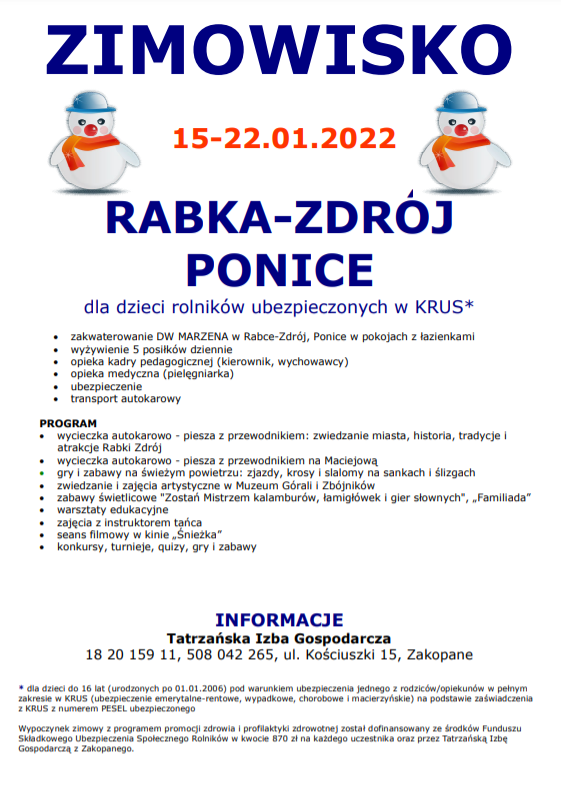 Plakat informujący o Zimowisku dla dzieci w Rabce-Zdrój Ponice