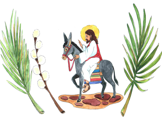 Obrazek przedstawia Pana Jezusa jadącego na osiołku. Obok rysunek gałązki palmy i gałązki bazi. 