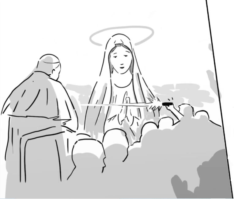 Na obrazku przedstawiono Matkę Boską zmieniającą lot kuli z pistoletu zamachowca w kierunku papieża Jana Pawła II 