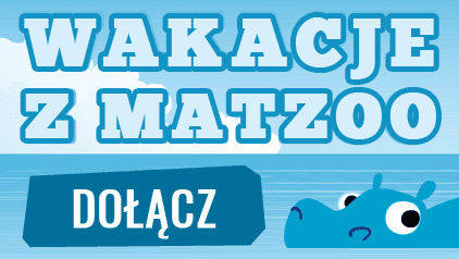 Niebieski baner z napisem, Wakacje z Matzoo Dołącz . obok rysunek głowy niebieskiego hipopotama